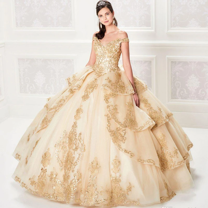 

Champagne Ball Gown Quinceanera Dresses Lace Bodice Corset Back Gold Appliqued Sequins Prom Gown Custom Made Wedding Guest Dress