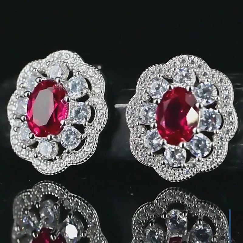 925 Sterling Silver 6*8mm Ruby High Carbon Diamond Flower Stud Earrings For Women Wedding Party Fine Jewelry Gifts 
925 Sterling Silver 6*8mm Ruby High Carbon Diamond Flower Stud Earrings For Women Wedding Party Fine Jewelry Gifts