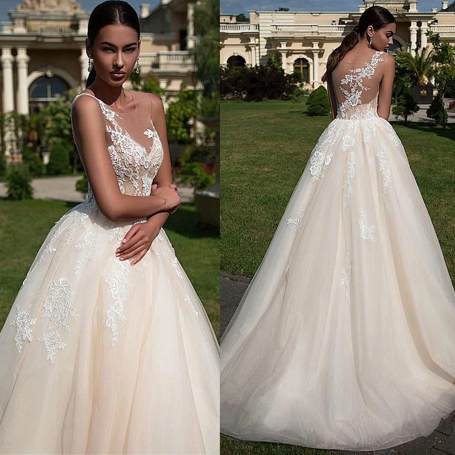 Amazing Tulle Scoop Neckline Ball Gown Wedding Dress Champagne Bridal Dress with Sweep Train Illusion Back 
Amazing Tulle Scoop Neckline Ball Gown Wedding Dress Champagne Bridal Dress with Sweep Train Illusion Back