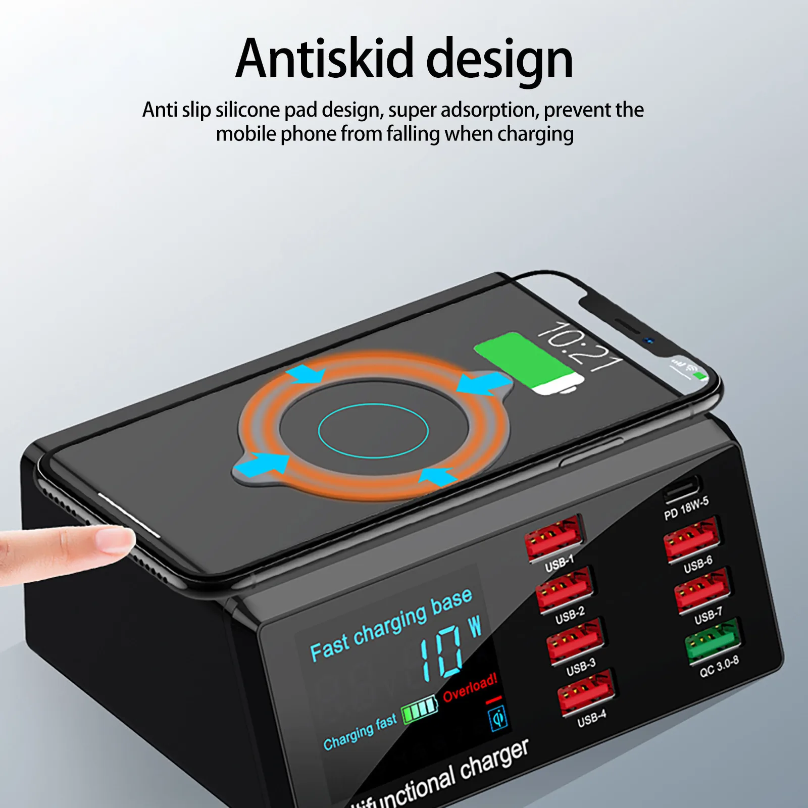 PD Fast Charging LED Color Display Wireless Charging QC3.0 8 USB Ports intelligent and automatic detection fastest charging
PD Fast Charging LED Color Display Wireless Charging QC3.0 8 USB Ports intelligent and automatic detection fastest charging