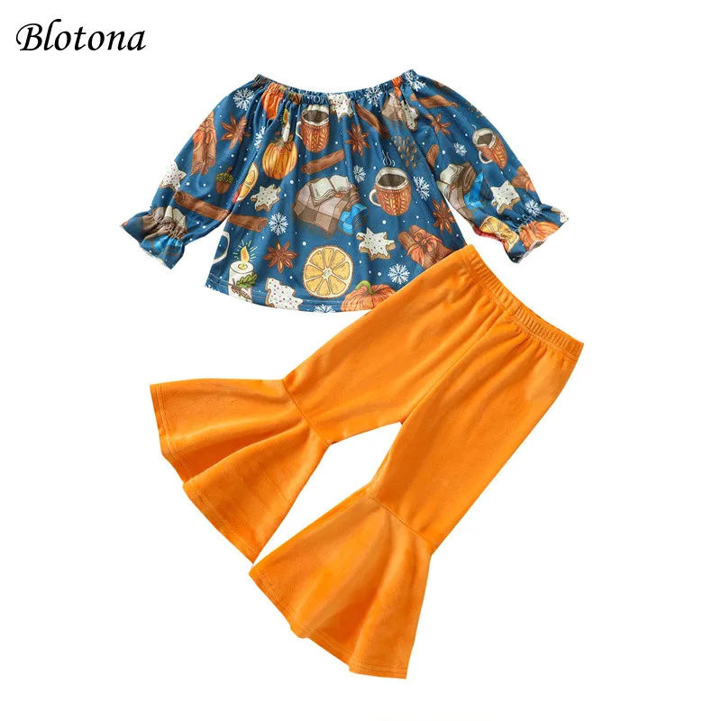 

Blotona Toddler Girls 2Pcs Halloween Outfits, Off Shoulder Long Sleeve Tops + Elastic Waist Flare Pants Set, 6Months-4Years