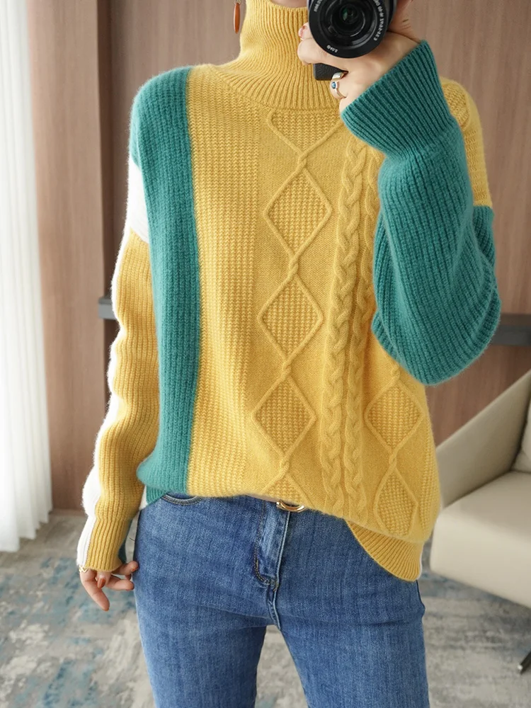 Winter Women Sweaters Patchwork Casual Long Sleeve Turtleneck Thick Loose Jumper 100% Wool Knitted Female Pullover Clothing Top
Winter Women Sweaters Patchwork Casual Long Sleeve Turtleneck Thick Loose Jumper 100% Wool Knitted Female Pullover Clothing Top