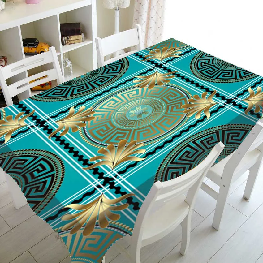 

3D Turquoise Blue Gold Greek Key Meander Border Table Cover Cloth Luxury Modern Geometric Long Tablecloth Rectangle Home Decor
