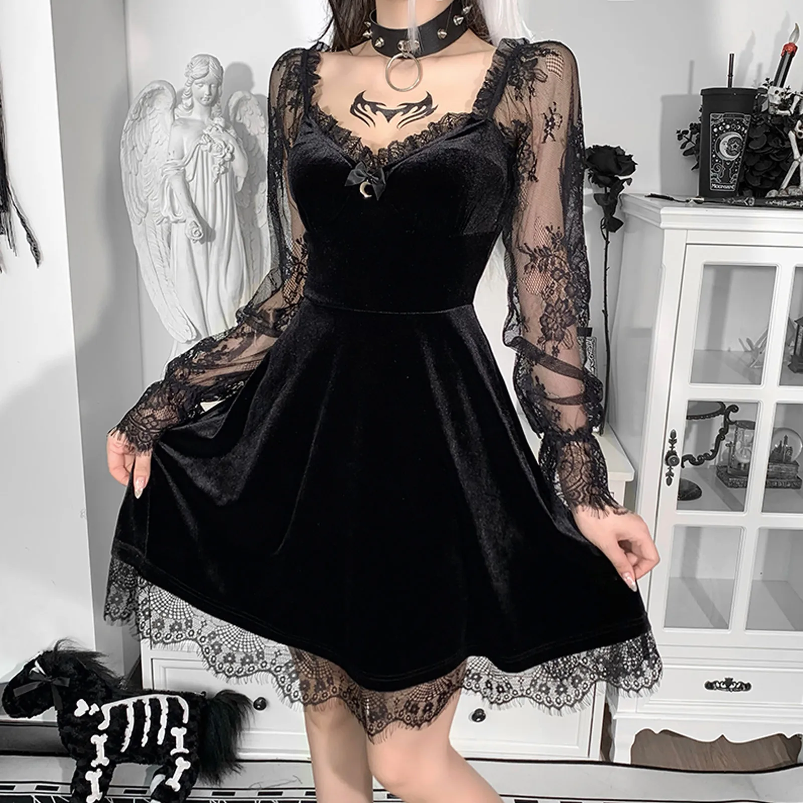 Women Fashion Mesh Long Sleeve Black Goth Swing Dress Transparent Lady V-Neck Punk Lace Midi Dress Bandage Ruched Gothic Dress
Women Fashion Mesh Long Sleeve Black Goth Swing Dress Transparent Lady V-Neck Punk Lace Midi Dress Bandage Ruched Gothic Dress
