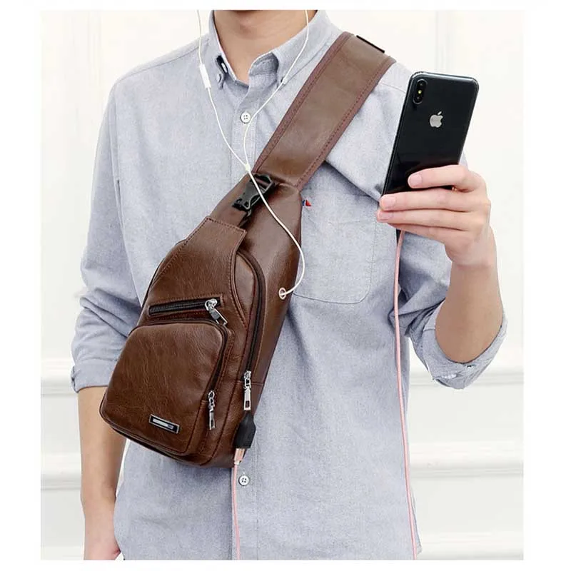 

USB Charging Men Teen Chest Pack Leather Sling Shoulder Bag Boys Portable Phone Crossbody Bag Fashion Handbag A66