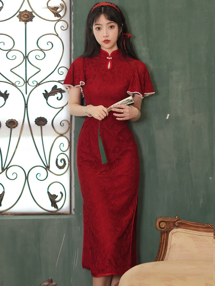 2021 Summer New Women's Dress Chinese Style Retro Wedding Dress Bridesmaid Red Cheongsam Medium Length Dress Lace Dress
2021 Summer New Women's Dress Chinese Style Retro Wedding Dress Bridesmaid Red Cheongsam Medium Length Dress Lace Dress