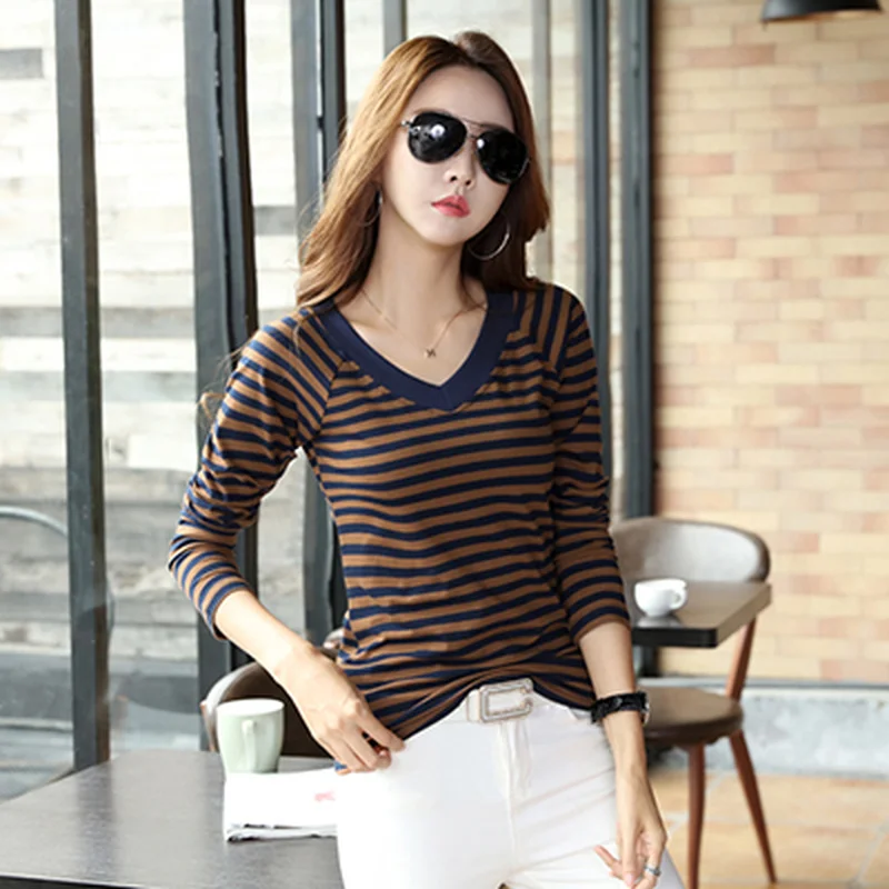 Spring Autumn Women T-Shirts Casual Fashion Long Sleeve Cotton V-Neck Ladies Tops Black White Striped Loose Plus Size Tshirt 
Spring Autumn Women T-Shirts Casual Fashion Long Sleeve Cotton V-Neck Ladies Tops Black White Striped Loose Plus Size Tshirt