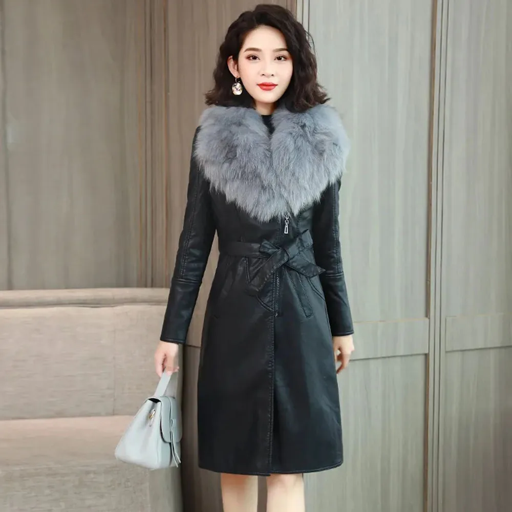 Large Fur Collar Winter Leather Jacket Women Plus Velvet Thick Mid-length Korean Slim And Thin Waist Elegant Leather Jacket Coat
Large Fur Collar Winter Leather Jacket Women Plus Velvet Thick Mid-length Korean Slim And Thin Waist Elegant Leather Jacket Coat