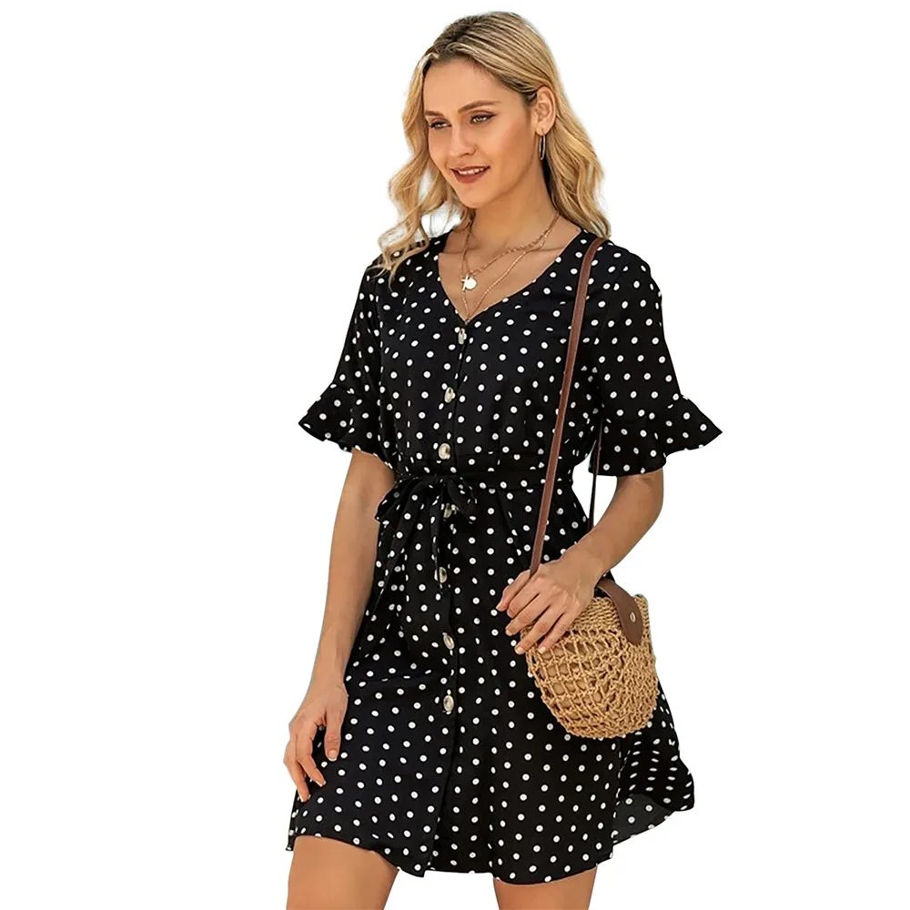 2021 Summer Chiffon Women Sexy Dress Dot Print Slim Waist Classic Single-breasted Sweet Wild Casual Dresses Flare Sleeve V Neck
2021 Summer Chiffon Women Sexy Dress Dot Print Slim Waist Classic Single-breasted Sweet Wild Casual Dresses Flare Sleeve V Neck