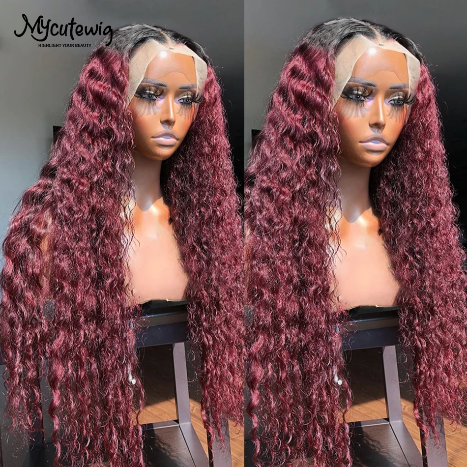 

360 HD Glueless Frontal Water Wave 13x4 Lace Front Human Hair Wig For Women Brazilian Remy Ombre 1B 99J Red Burgundy Pre Plucked