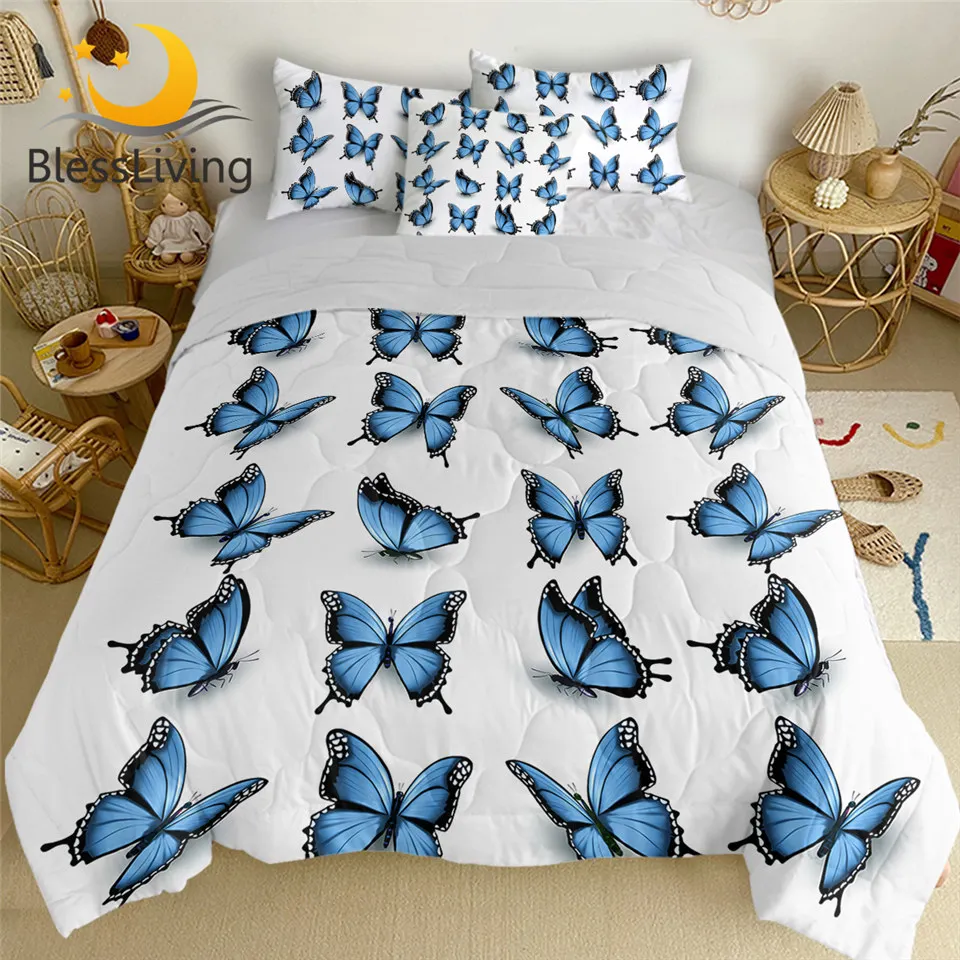 

BlessLiving бабочка летние Стёганое одеяло набор синий кондиционер одеяло красивые насекомых постельные принадлежности элегантный couette де гори...
