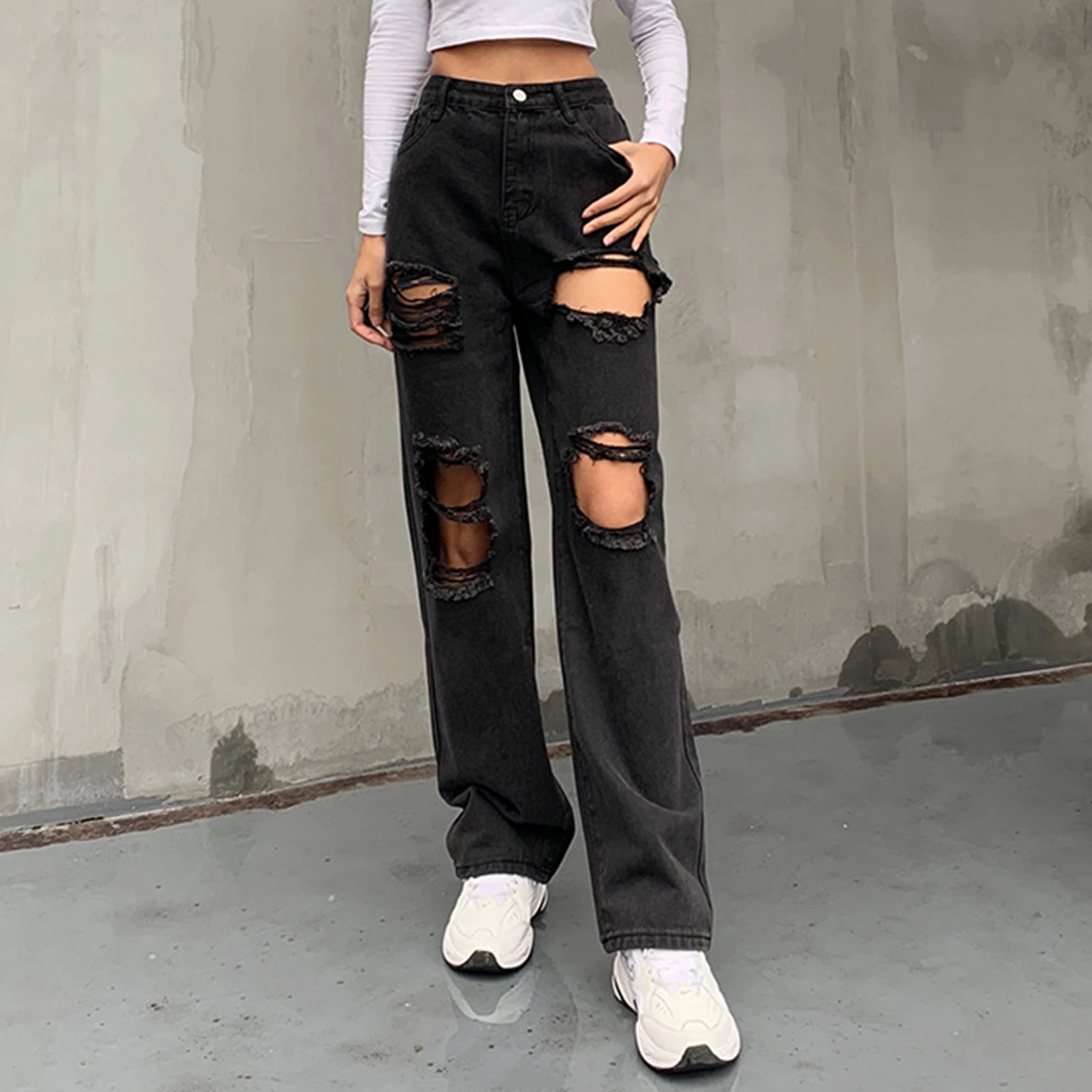 Hole Jeans woman Street Casual style High Waist Denim Ripped Straight long Pants button Placket summer Burrs edge lady Jeans
Hole Jeans woman Street Casual style High Waist Denim Ripped Straight long Pants button Placket summer Burrs edge lady Jeans