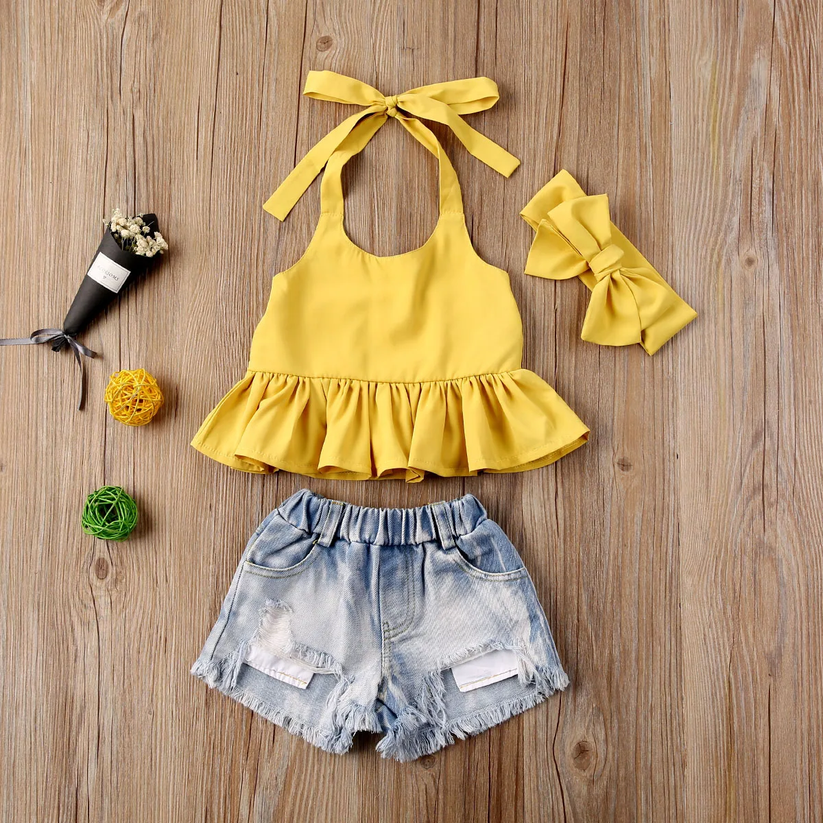 Summer 2-6Years Baby Girl Clothes Yellow Sleeveless Halter Tops Denim Shorts Headband Kids Outfit Set
Summer 2-6Years Baby Girl Clothes Yellow Sleeveless Halter Tops Denim Shorts Headband Kids Outfit Set