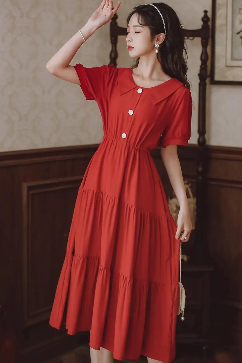 COIGARSAM Short Sleeve Women One-Piece Dress Korean Peter pan Collar Dresses Red Black Y1525
COIGARSAM Short Sleeve Women One-Piece Dress Korean Peter pan Collar Dresses Red Black Y1525