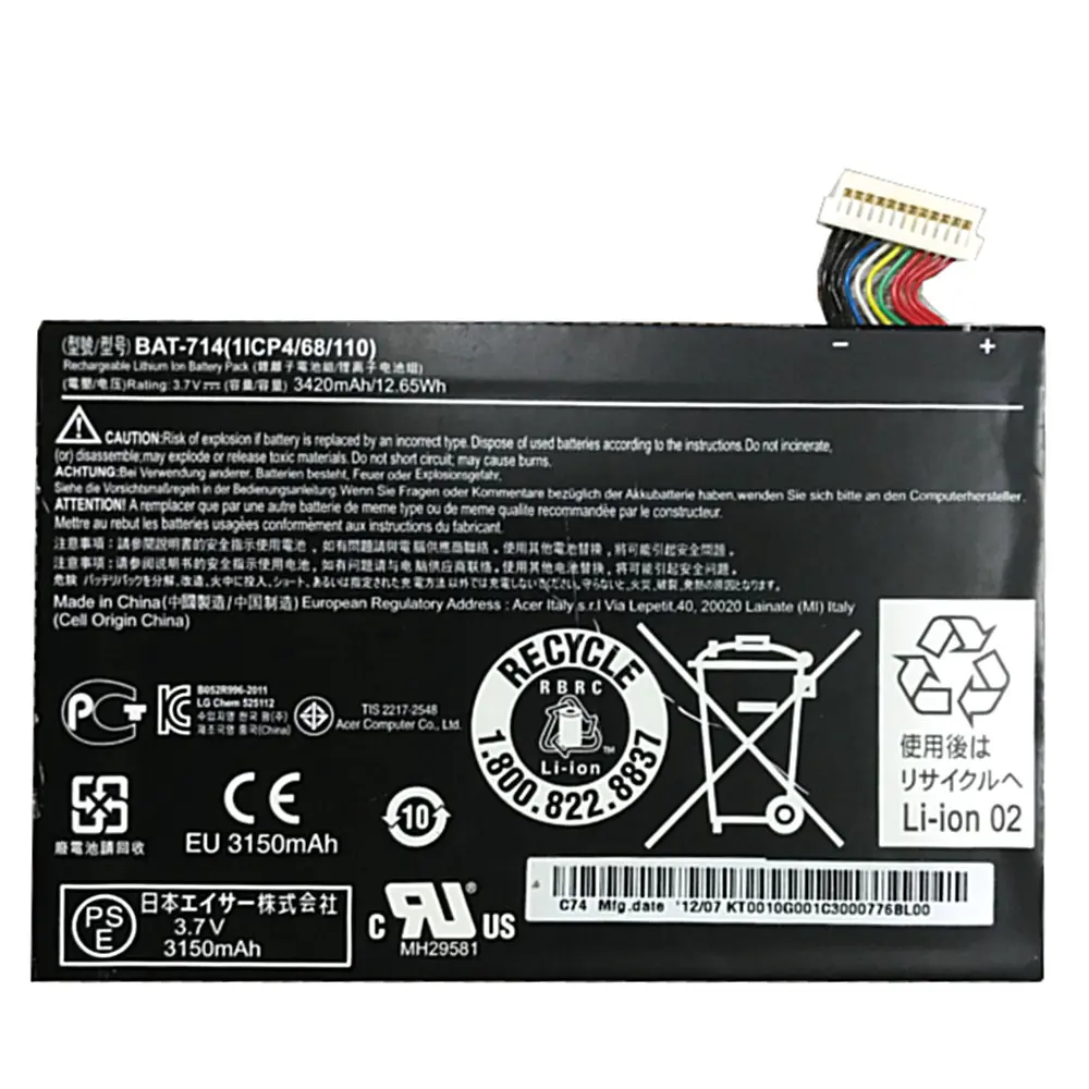 Original size Battery 3.7V 3420mah for acer Acer Iconia Tab A110 KT0010G001 BAT-714 batteries
Original size Battery 3.7V 3420mah for acer Acer Iconia Tab A110 KT0010G001 BAT-714 batteries