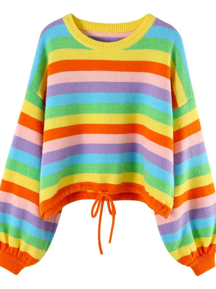 Rainbow Knitted Striped Women Sweaters and Pullovers 2020 Winter New O-neck Lantern Sleeved Loose Drawstring Loose Female Pulls 
Rainbow Knitted Striped Women Sweaters and Pullovers 2020 Winter New O-neck Lantern Sleeved Loose Drawstring Loose Female Pulls