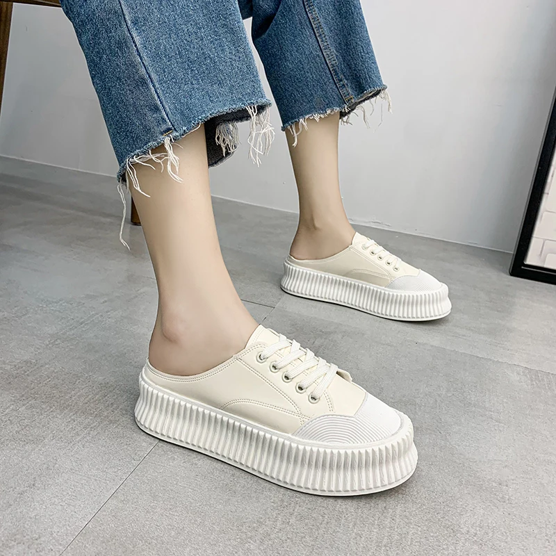 Med Loafers Cover Toe Female Shoes Slippers Flat Slides Mules For Women 2021 Platform New Soft Rubber Basic Cross-tied PU