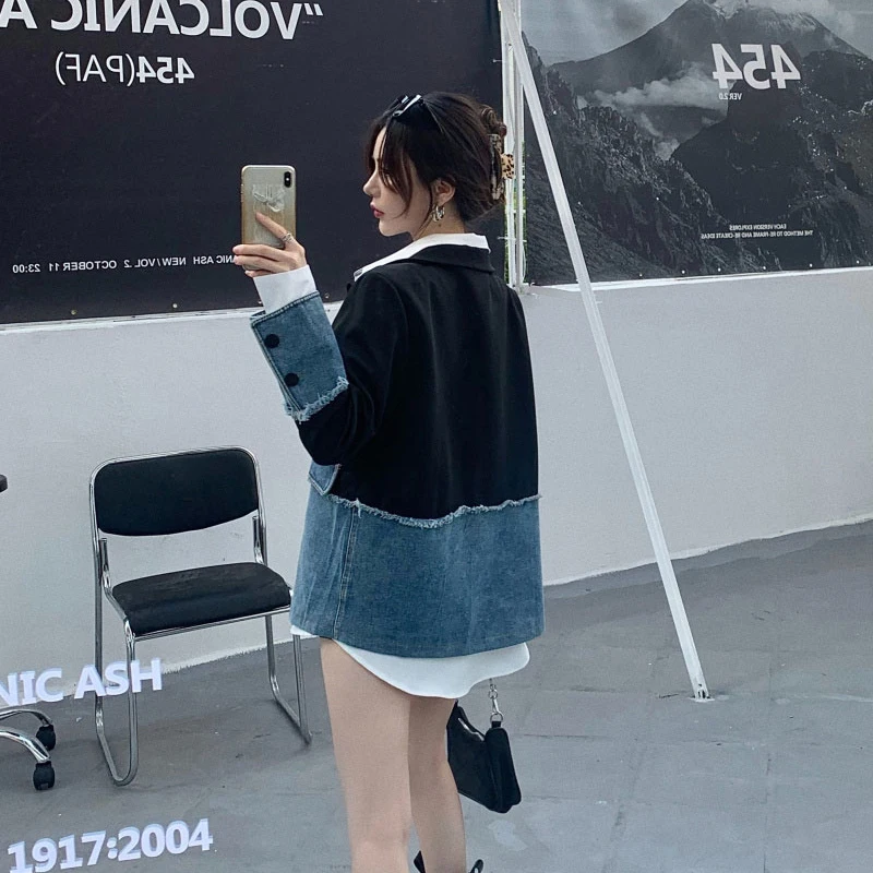 Women's Suit Jacket 2021 Spring Autumn New Korean Denim Stitching Plaid Retro Loose Fashion Personality Personality Coat Y170
Women's Suit Jacket 2021 Spring Autumn New Korean Denim Stitching Plaid Retro Loose Fashion Personality Personality Coat Y170