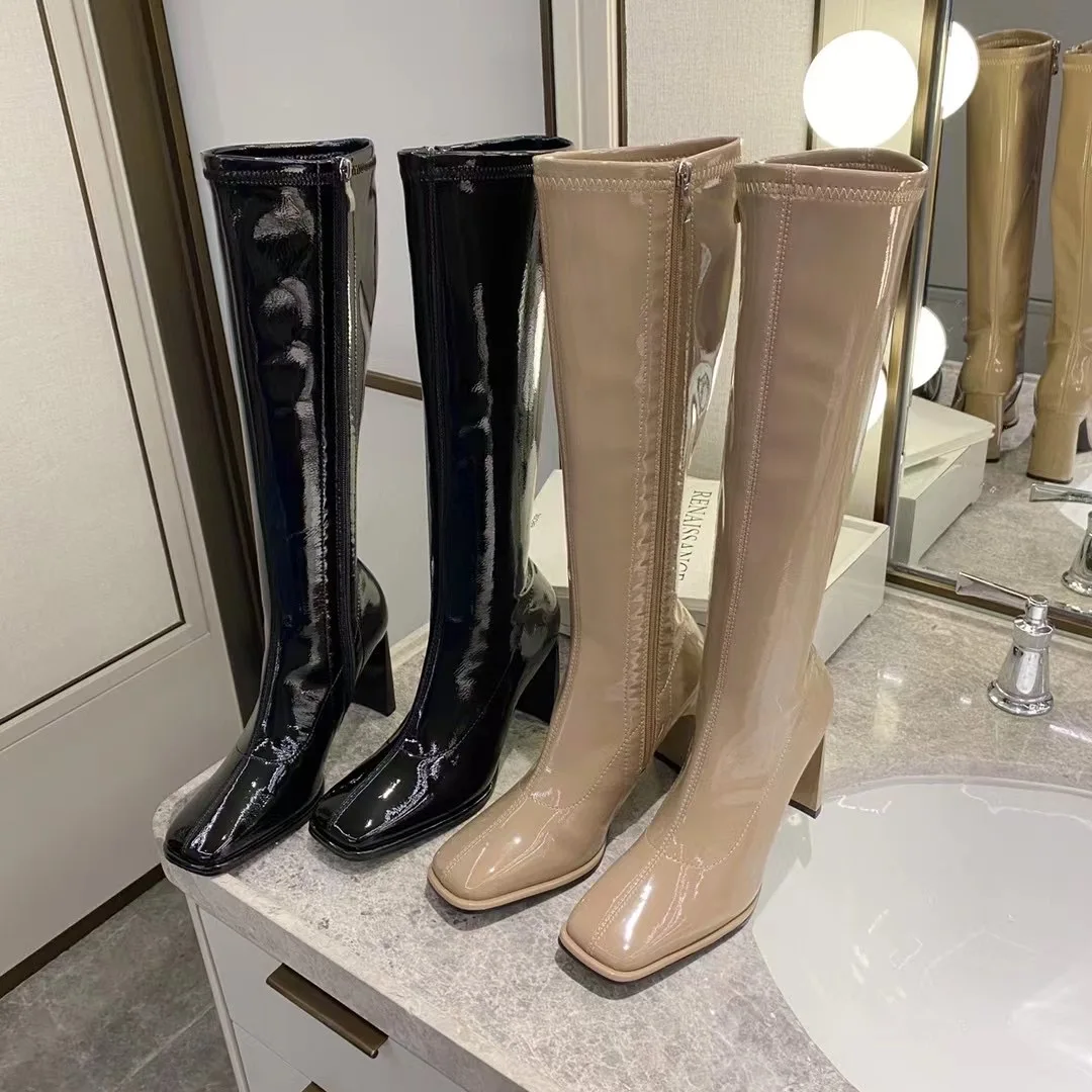 Square Toe Women Knee High Boots Patent Leather Black/Beige Stretch Shoes Thick High Heels Side Zipper Elegant Chelsea Botas
Square Toe Women Knee High Boots Patent Leather Black/Beige Stretch Shoes Thick High Heels Side Zipper Elegant Chelsea Botas