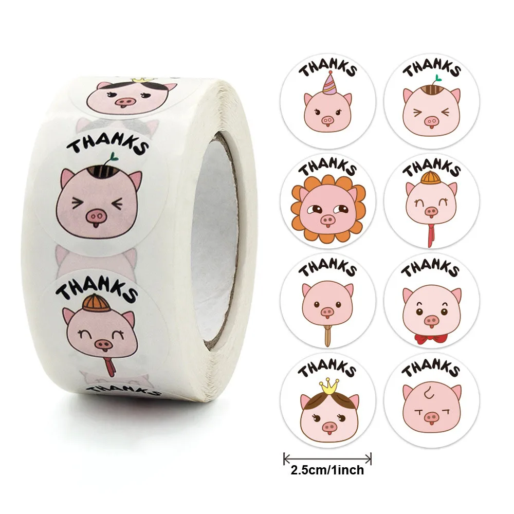 

500Pcs Cute Pig Thank you stickers Kawaii Animal Round Handmade Wrapping Paper Seal Labels Use Gift Teacher Reward Stationery