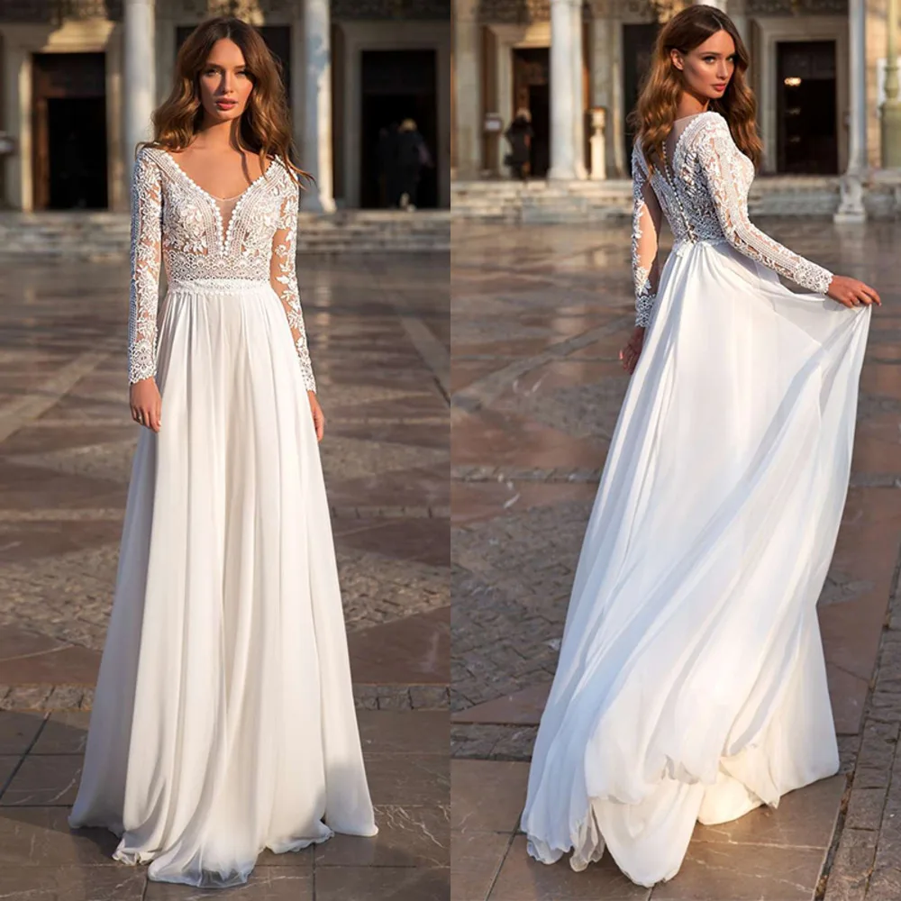 Wedding Dress Charming Long Sleeve Beach Sexy V-neck Sweep Train Lace Chiffon Bridal Gowns A Line Bride Dress Свадебное Платье
Wedding Dress Charming Long Sleeve Beach Sexy V-neck Sweep Train Lace Chiffon Bridal Gowns A Line Bride Dress Свадебное Платье
