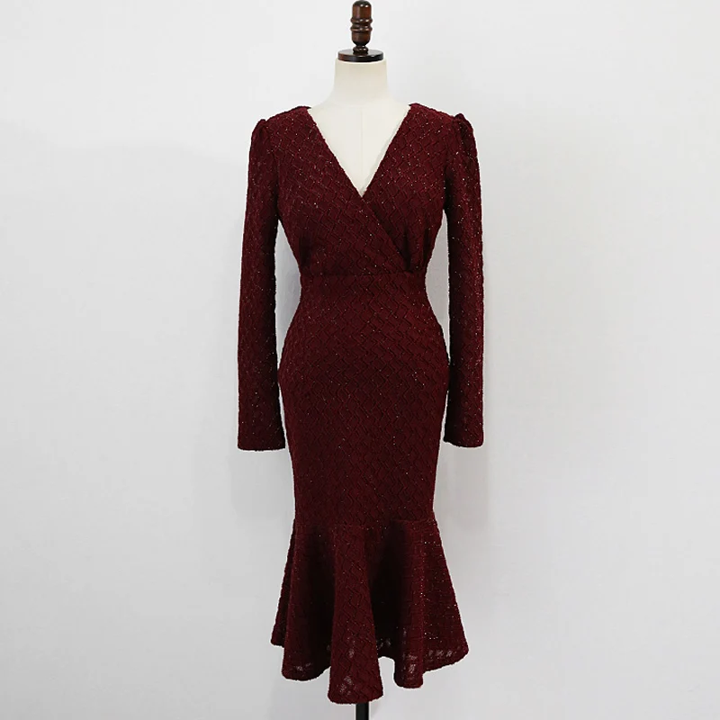 2020 Autumn Winter V-Neck High Waisted Long Sleeved Burgundy Vestidos Bodycon Sheath Sexy Fishtail Midi Party Dresses
2020 Autumn Winter V-Neck High Waisted Long Sleeved Burgundy Vestidos Bodycon Sheath Sexy Fishtail Midi Party Dresses