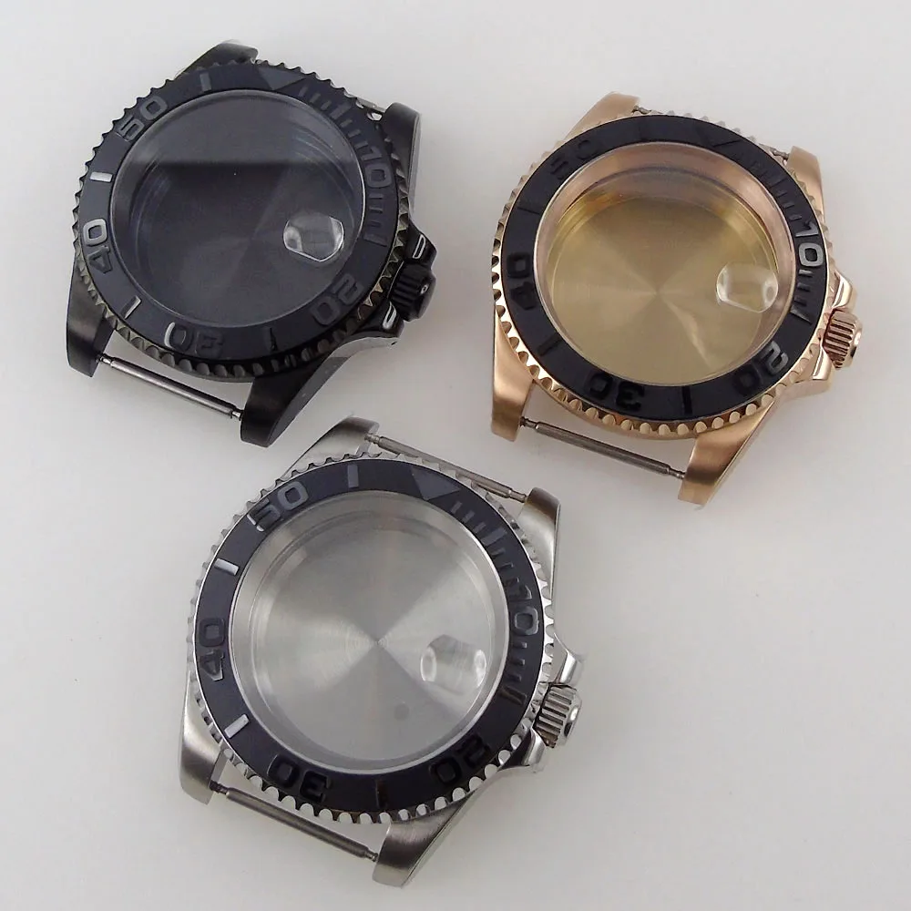 

40mm Rose Gold/Black Plated Sapphire Watch Case Fit NH35 NH36 Miyota 8215 821A ETA 2836 10BAR/5BAR Rotating Bezel Cyclops