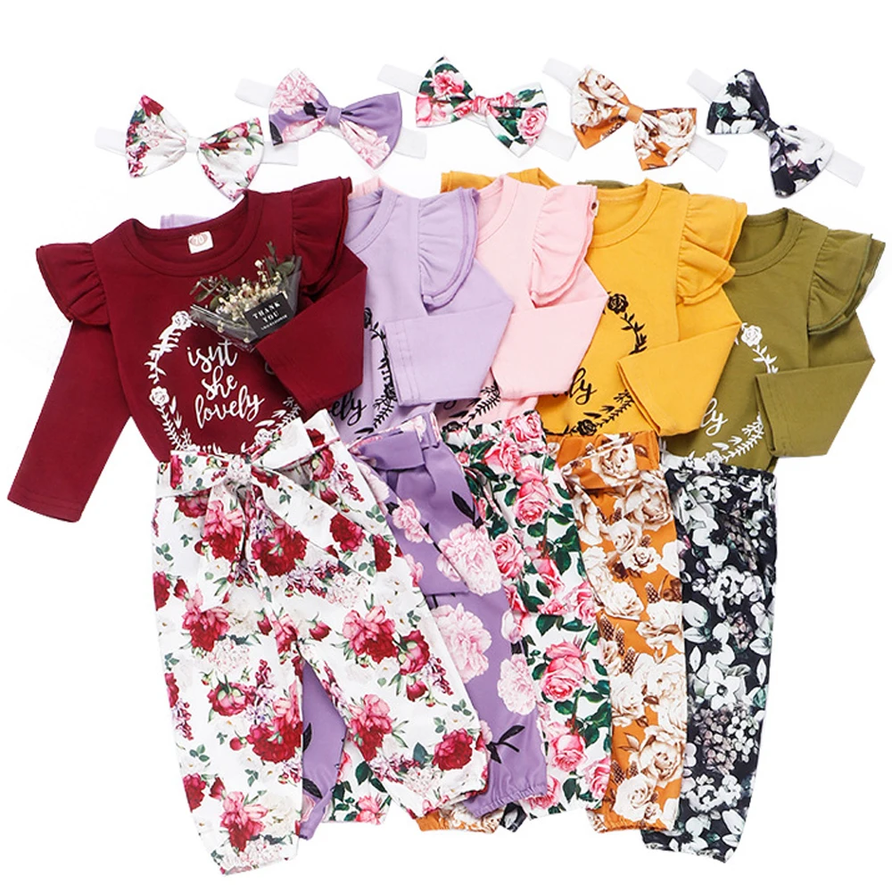 Одежды из 3 предметов для маленьких девочек одежда детей с Рюшами Малиновый