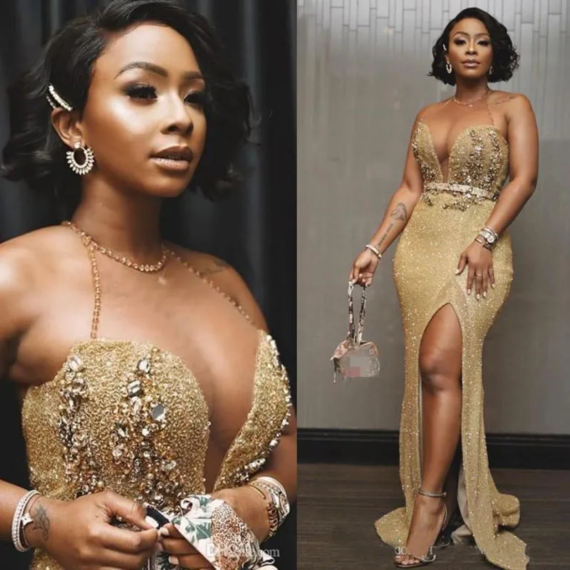 Aso Ebi Arabic Gold Mermaid Evening Dresses Beaded Crystals Prom Dresses High Split Formal Party Reception Gowns
Aso Ebi Arabic Gold Mermaid Evening Dresses Beaded Crystals Prom Dresses High Split Formal Party Reception Gowns