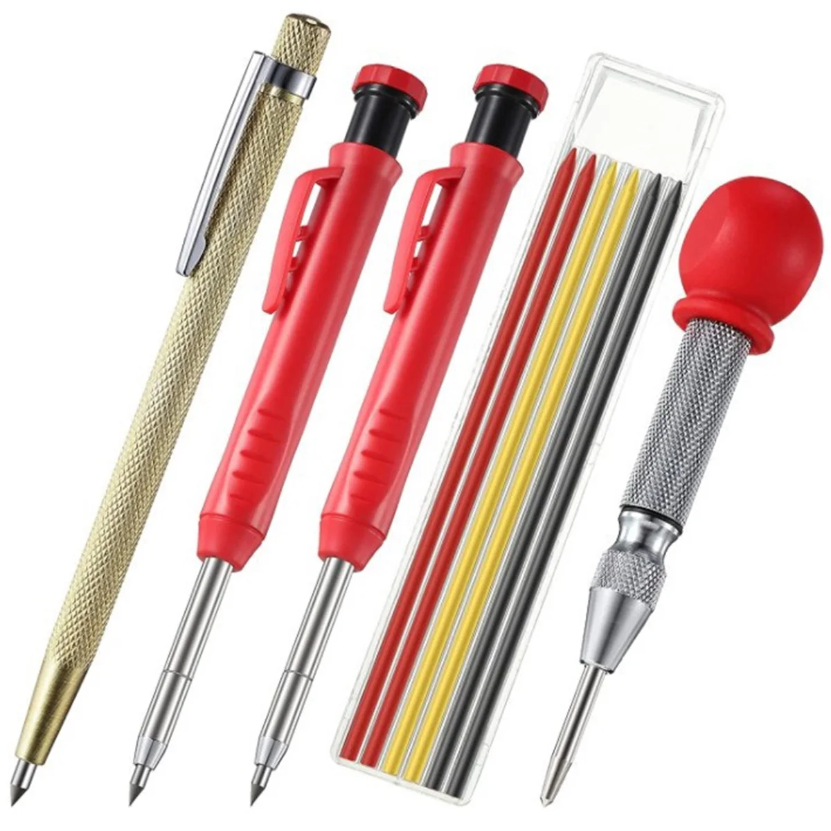 2pcs Solid Carpenter Pencil with 1pc Tungsten Steel Marking Pen,1pc Center Punch,6pc Refill Leads Mechanical Pencil Marking Tool
2pcs Solid Carpenter Pencil with 1pc Tungsten Steel Marking Pen,1pc Center Punch,6pc Refill Leads Mechanical Pencil Marking Tool