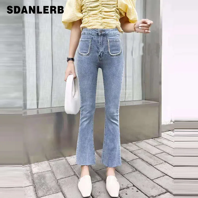 High Waisted Slimming Jeans Women's 2021 Summer Korean Style Beads Slim Fit Thin Stretch Light Blue Bell Bottoms Flare Pants
High Waisted Slimming Jeans Women's 2021 Summer Korean Style Beads Slim Fit Thin Stretch Light Blue Bell Bottoms Flare Pants