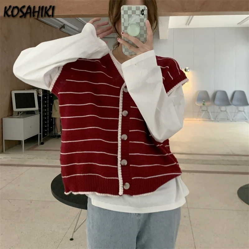 KOSAHIKI Women Striped Knitted Vest 2021 Spring Autumn Korean Chic Retro V-neck Loose Cardigan Stacked Sweater Sleeveless Vests
KOSAHIKI Women Striped Knitted Vest 2021 Spring Autumn Korean Chic Retro V-neck Loose Cardigan Stacked Sweater Sleeveless Vests