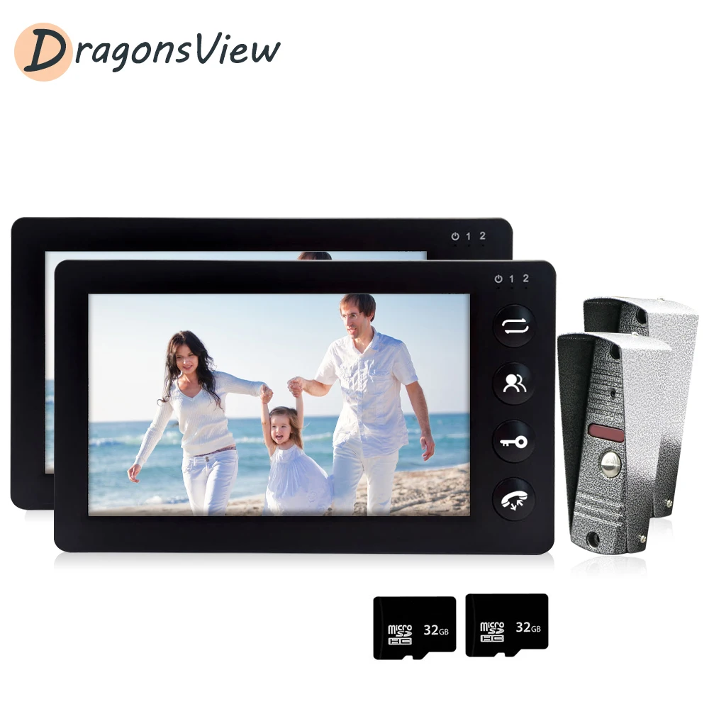 

DragonsView 2 Intercoms Video Door Phone 2 Monitors Built in Motion Detection Recording 1200TVL IR Night Vision Doorbell Camera