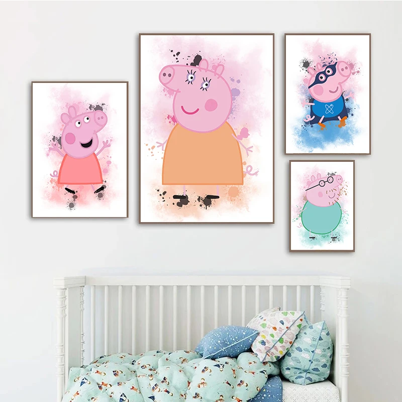 

Watercolor Peppa Pig Cartoon Nursery Canvas Posters Wall Art Baby Bedroom Home Decor Painting Picture Gift Cuadros