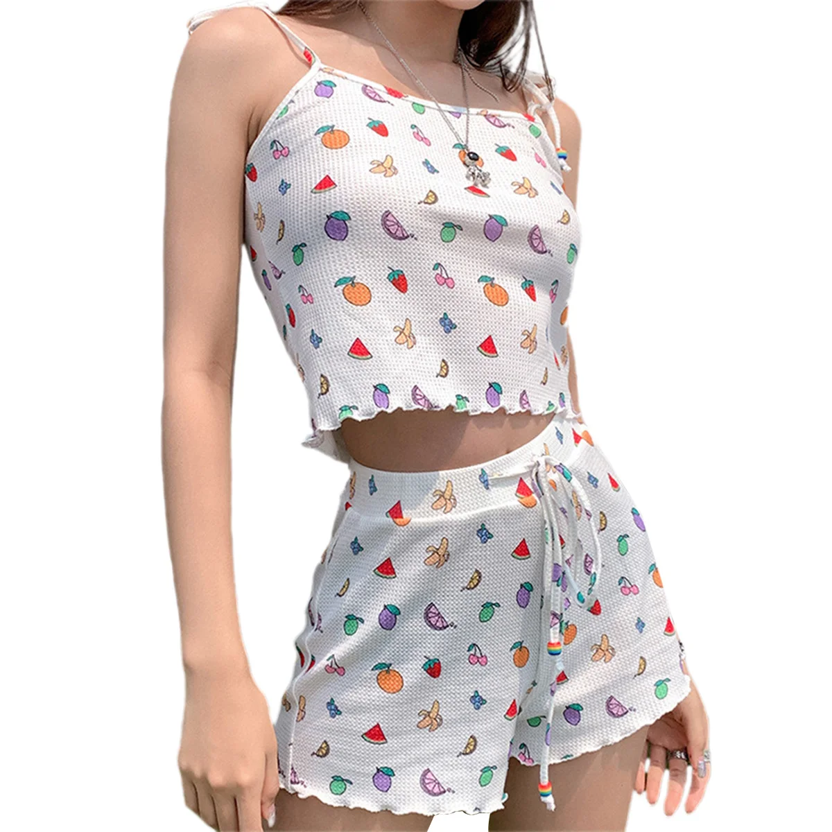 Summer Women Casual Pajamas two pieces Print Casual Sweet Ladies Sling Crop tops Shorts Clothing set Stretch Sleepwear Tracksuit
Summer Women Casual Pajamas two pieces Print Casual Sweet Ladies Sling Crop tops Shorts Clothing set Stretch Sleepwear Tracksuit