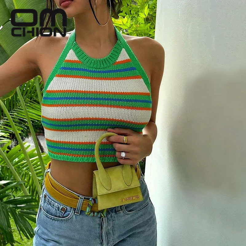 OMCHION 2021 Summer Stripe Knitted Halter Neck Crop Top Women Backless Green Sleeveless Off Shoulder Y2K Bandage Sexy Tank Top
OMCHION 2021 Summer Stripe Knitted Halter Neck Crop Top Women Backless Green Sleeveless Off Shoulder Y2K Bandage Sexy Tank Top