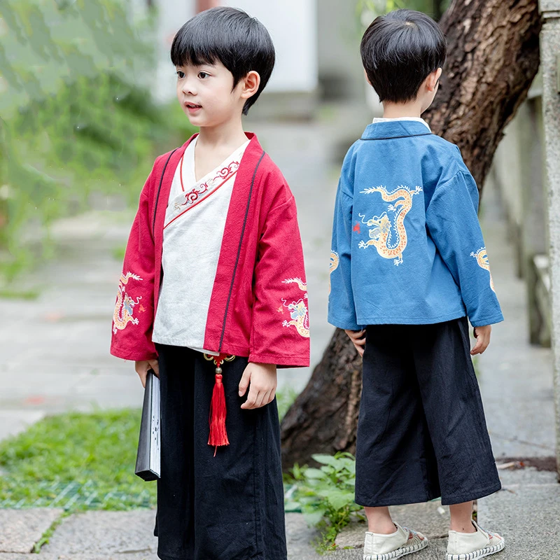Boys Chinese Style Tang Suit Ancient Retro Dragon Embroidery Hanfu Set Children Stage 3PCS Oriental Linen Swordsman Oufits
Boys Chinese Style Tang Suit Ancient Retro Dragon Embroidery Hanfu Set Children Stage 3PCS Oriental Linen Swordsman Oufits