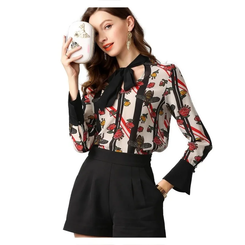 Fashion Ribbon Bow Printed Silk Shirt Female Temperament All-match Bell Sleeve Silk Shirt 2020 Fashion New Style
Fashion Ribbon Bow Printed Silk Shirt Female Temperament All-match Bell Sleeve Silk Shirt 2020 Fashion New Style
