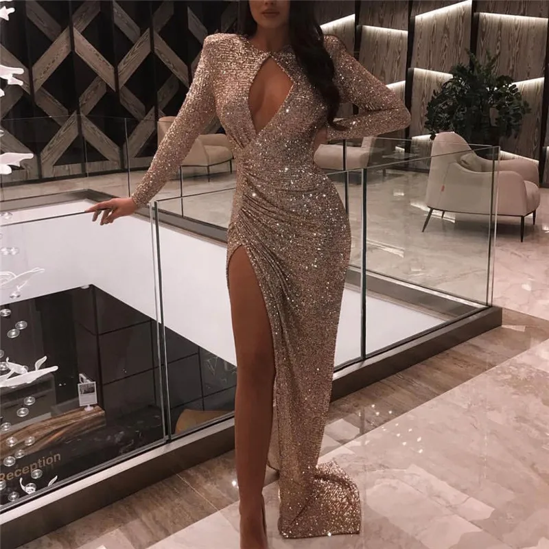 Gold 2019 Spring Autumn Women Sexy High Neck Long Sleeve Hollow Out Dresses Female Sequin Dress Maxi Elegant Dress
Gold 2019 Spring Autumn Women Sexy High Neck Long Sleeve Hollow Out Dresses Female Sequin Dress Maxi Elegant Dress