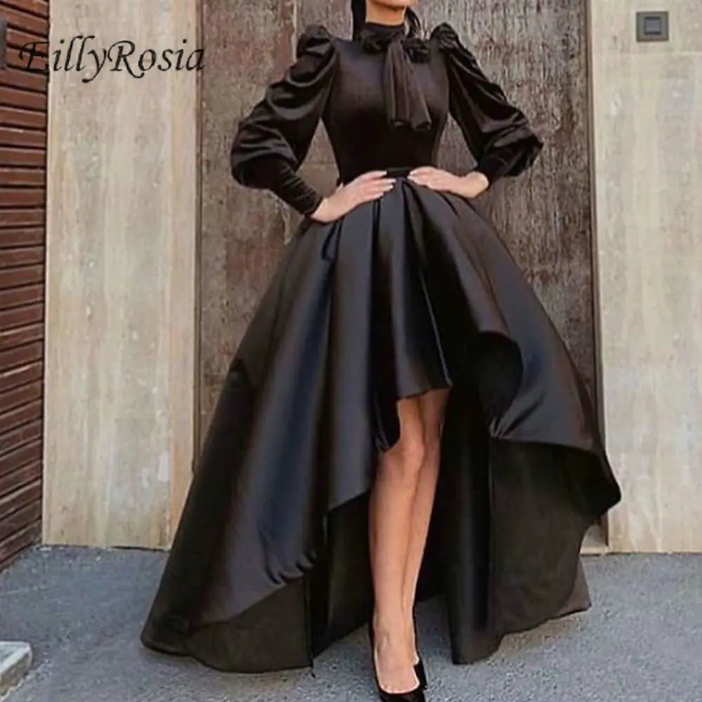 High Neck Black Prom Dresses High Low Short Front Long Back Vintage Satin Velvet Long Sleeve Evening Party Gowns Saudi Arabian
High Neck Black Prom Dresses High Low Short Front Long Back Vintage Satin Velvet Long Sleeve Evening Party Gowns Saudi Arabian