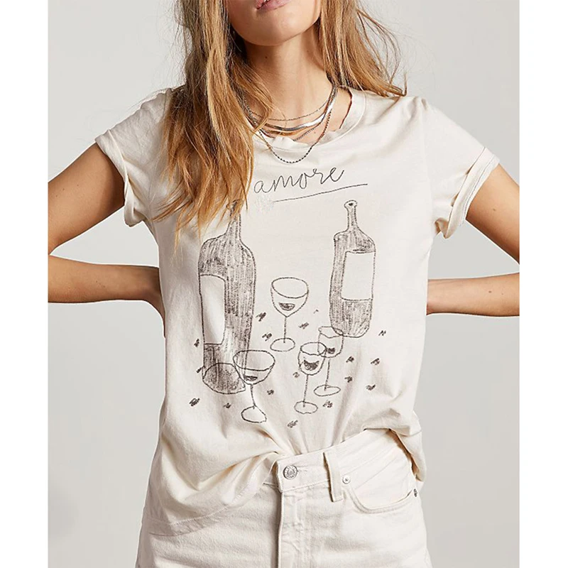 2021 Women Tops New Summer T-Shirts Chic Wine Glass Letter Print O-Neck Cotton T-Shirt Casual Simple Basic Tops T-Shirt
2021 Women Tops New Summer T-Shirts Chic Wine Glass Letter Print O-Neck Cotton T-Shirt Casual Simple Basic Tops T-Shirt