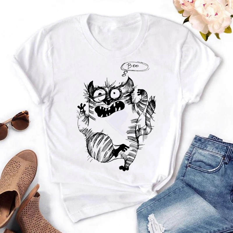 Женская хлопковая Футболка с забавным принтом кошки круглым вырезом|women t shirt|womens