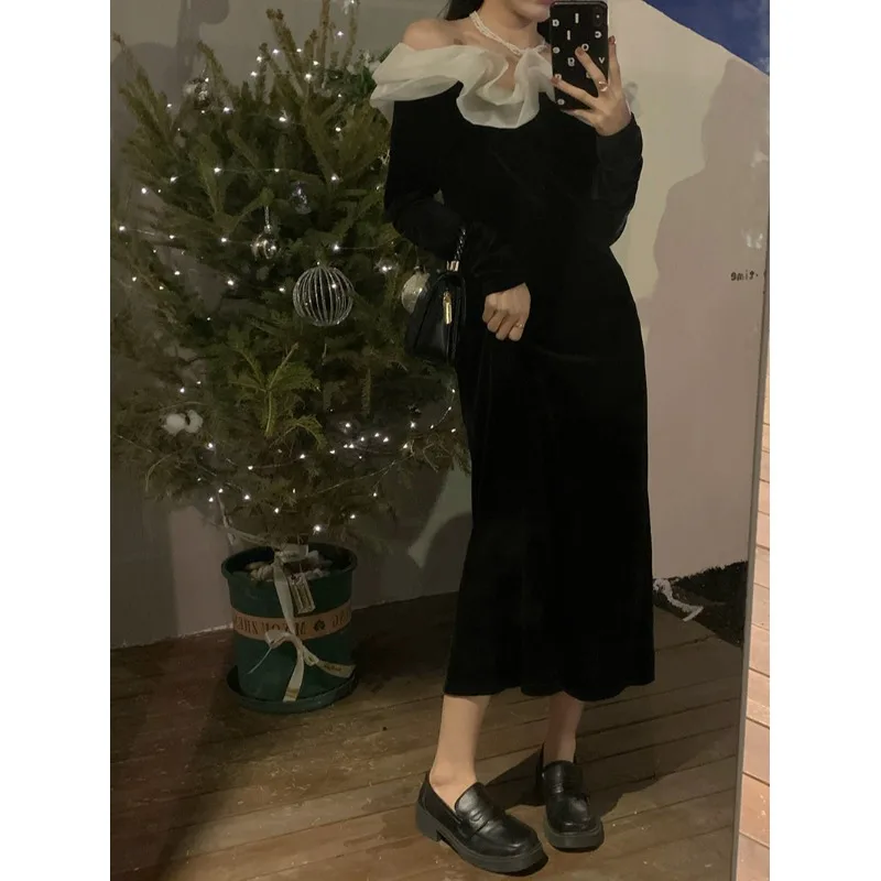 Spring Autumn women Black long dresses 2022 Korean style Velvet Off Shoulder Sexy French Vintage dress womens (N0243)
Spring Autumn women Black long dresses 2022 Korean style Velvet Off Shoulder Sexy French Vintage dress womens (N0243)