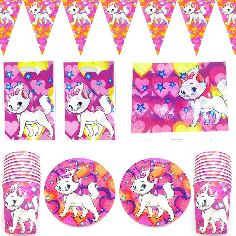 

82pcs/lot Aristocats Marie Cat Theme Tableware Set Girls Favors Flags Tablecloth Birthday Party Cups Plates Decorate Gifts Bags