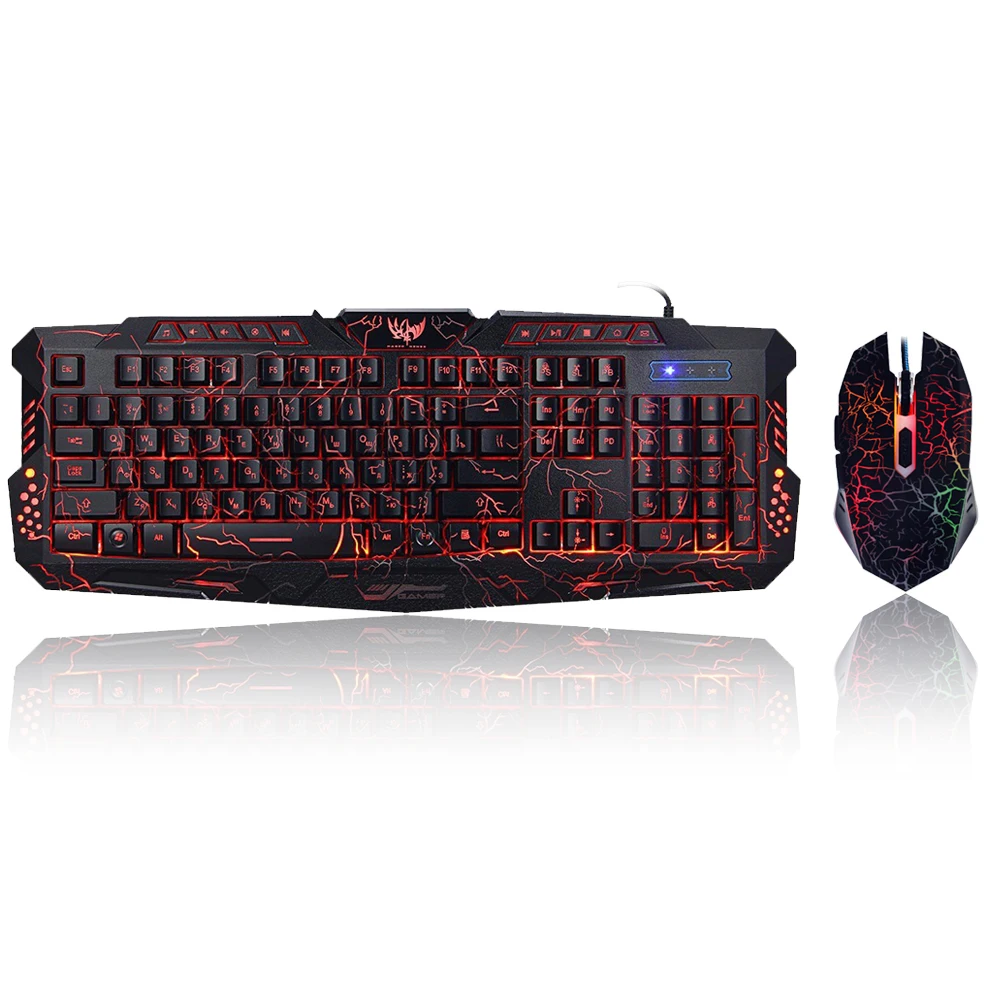 Русский/Английский Gaming Keyboard Мышь комбо светодиодный 3-Цвет USB Проводная Цвет Фул