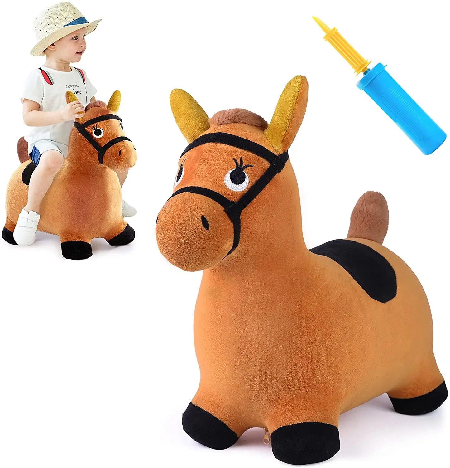 

Kids Ride on Bouncer Toy Brown Hopping Horse Inflatable Plush Animal Hopper Birthday Gift for 2 3 4 Years Old Boy Girl Toddler