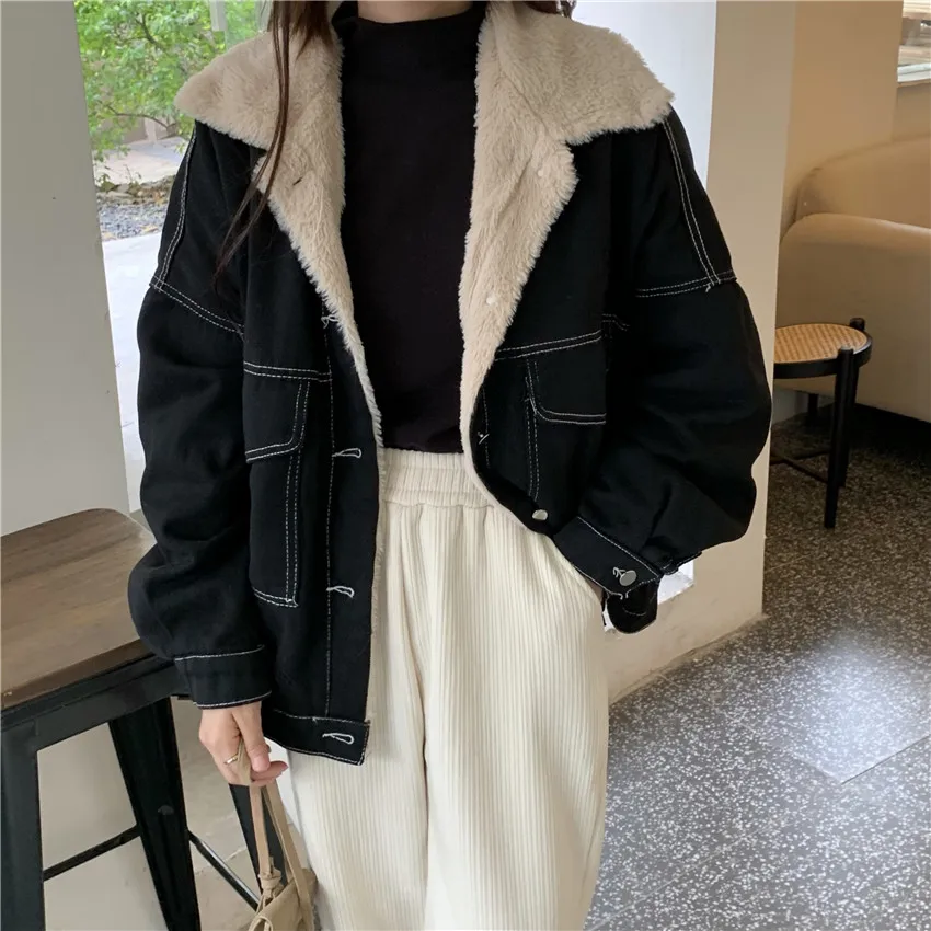 Winter Jacket Thick With Fur Lining Denim Jackets Women Vintage Jeans Coat Korean Fashion Casual Loose Black Outwear
Winter Jacket Thick With Fur Lining Denim Jackets Women Vintage Jeans Coat Korean Fashion Casual Loose Black Outwear