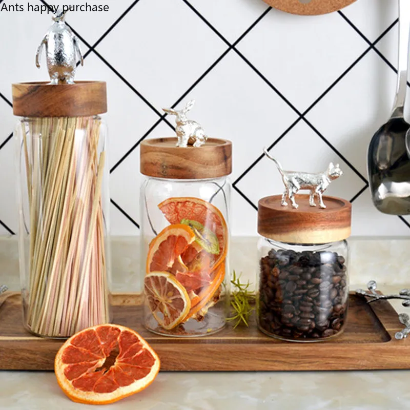 Nordic Glass Jar Heat-resistant Honey Lemon Milk Bottle with Wooden Cover Animal Sealed Storage Tank Kitchen Food | Дом и сад