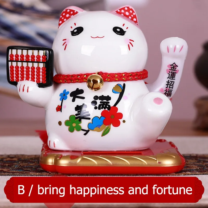 

Solar Powered Ceramic Lucky Cat Maneki Neko Shaking Arm Beckoning Fortune Cat Home Car Decoration Gift Wealth Waving Arm Cat