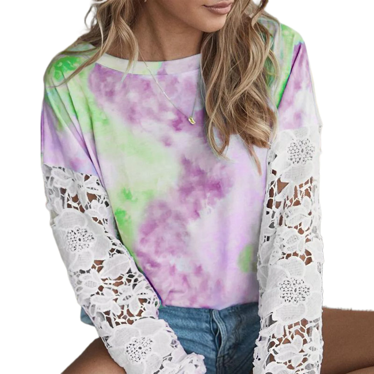 Women Round Collar T-shirt, Tie Dye Lace Splicing Tops, Long Sleeve Casual Loose Pullover
Women Round Collar T-shirt, Tie Dye Lace Splicing Tops, Long Sleeve Casual Loose Pullover